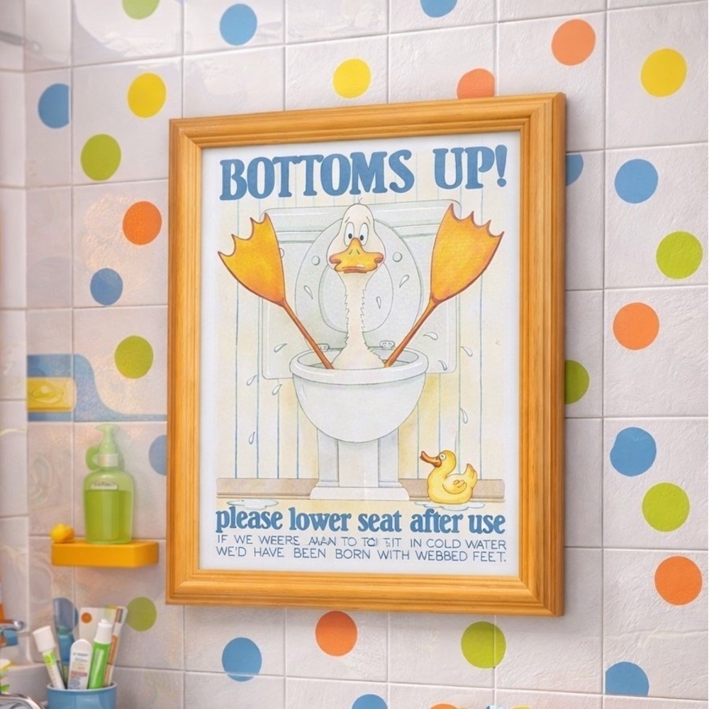Vintage 1984 Figi Giftware Framed Print "Bottoms Up!" Duck In Toilet 9x11.5"